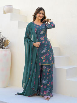 MEENA BAZAAR - Neck Embroidered Georgette Teal Kurta with Sharara & Dupatta