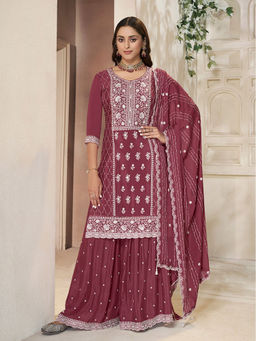 MEENA BAZAAR - Neck Embroidered Art Silk Maroon Kurta with Sharara & Dupatta