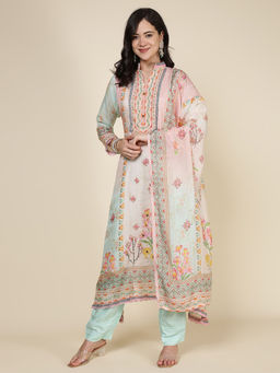 MEENA BAZAAR - Sea Green Printed Muslin Blend Kurta with Pant & Dupatta