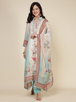 MEENA BAZAAR - Blue Printed Cotton Blend Kurta with Pant & Dupatta