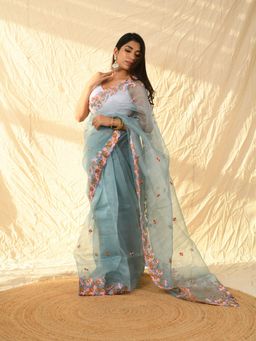 Odette - Grey Organza Saree with Unstitched Blouse