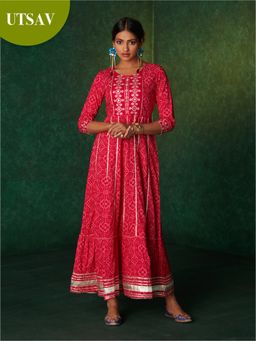 Likha - Pink Bandhani Printed Tiered Maxi Dress LIKDRS42