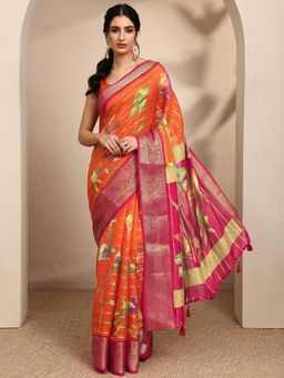 Libas - Woven Orange Silk Blend Saree with Unstitched Blouse