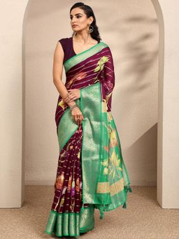 Libas - Woven Maroon Silk Blend Saree with Unstitched Blouse