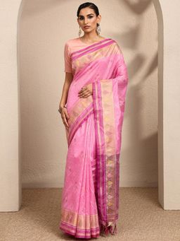 Libas - Woven Design Pink Silk Blend Saree with Unstitched Blouse