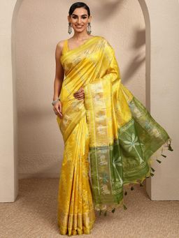 Libas - Woven Design Yellow Silk Blend Saree with Unstitched Blouse