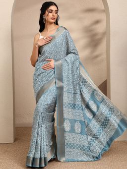 Libas - Printed Blue Silk Blend Saree with Unstitched Blouse