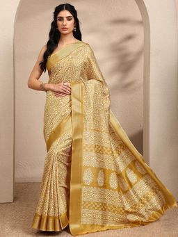 Libas - Printed Mustard Silk Blend Saree with Unstitched Blouse