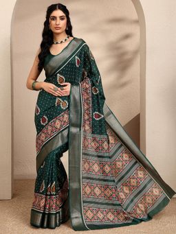 Libas - Printed Green Silk Blend Saree with Unstitched Blouse
