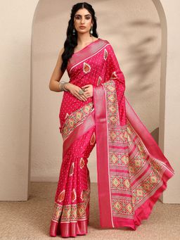 Libas - Printed Pink Silk Blend Saree with Unstitched Blouse