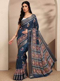 Libas - Printed Navy Blue Silk Blend Saree with Unstitched Blouse