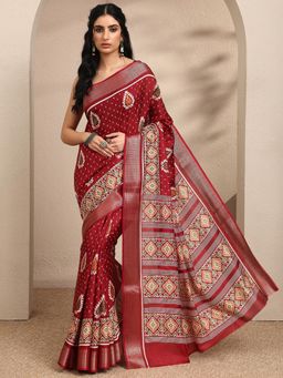 Libas - Printed Maroon Silk Blend Saree with Unstitched Blouse