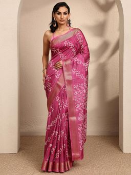 Libas - Printed Pink Silk Blend Saree with Unstitched Blouse