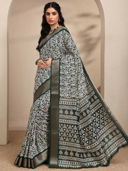Libas - Printed Green Silk Blend Saree with Unstitched Blouse
