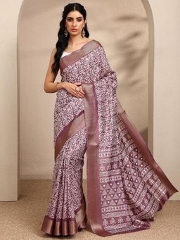 Libas - Printed Mauve Silk Blend Saree with Unstitched Blouse