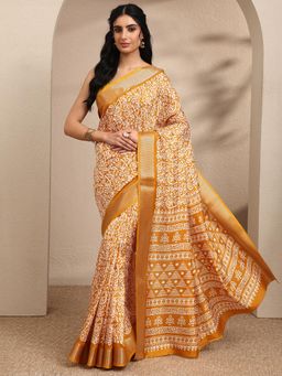 Libas - Printed Mustard Silk Blend Saree with Unstitched Blouse