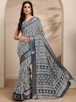 Libas - Printed Navy Blue Silk Blend Saree with Unstitched Blouse