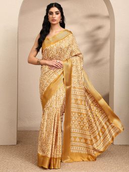 Libas - Printed Mustard Silk Blend Saree with Unstitched Blouse