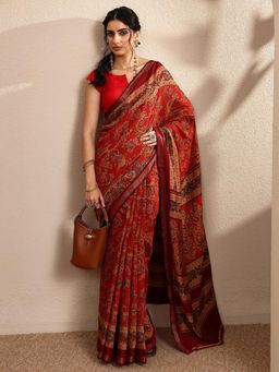 Libas - Printed Red Silk Blend Saree with Unstitched Blouse