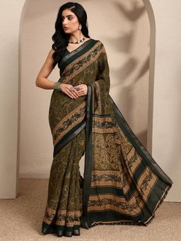 Libas - Printed Green Silk Blend Saree with Unstitched Blouse