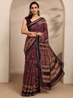 Libas - Printed Purple Silk Blend Saree with Unstitched Blouse