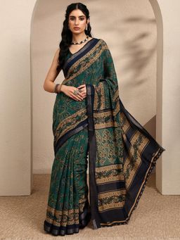 Libas - Printed Green Silk Blend Saree with Unstitched Blouse