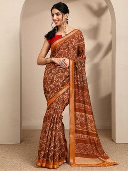 Libas - Printed Orange Silk Blend Saree with Unstitched Blouse