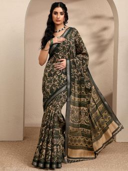 Libas - Printed Green Silk Blend Saree with Unstitched Blouse