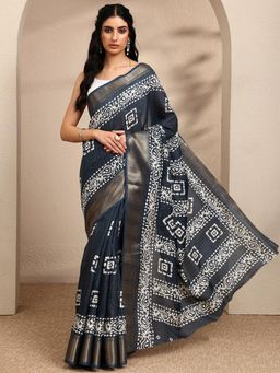 Libas - Printed Navy Blue Silk Blend Saree with Unstitched Blouse