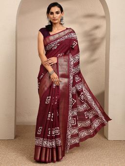 Libas - Printed Burgundy Silk Blend Saree with Unstitched Blouse