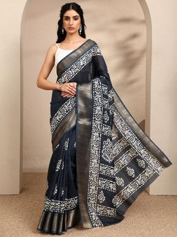 Libas - Printed Navy Blue Silk Blend Saree with Unstitched Blouse
