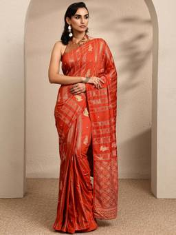 Libas - Woven Design Orange Silk Blend Saree with Unstitched Blouse