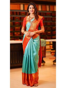 Anjaneya Sarees - Turquoise Banarasi Silk Kanjivaram Woven Saree with Unstitched Blouse