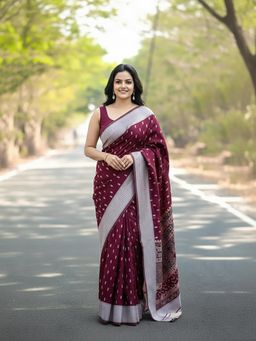 Anjaneya Sarees - Maroon Banarasi Silk Kanjivaram Woven Saree with Unstitched Blouse