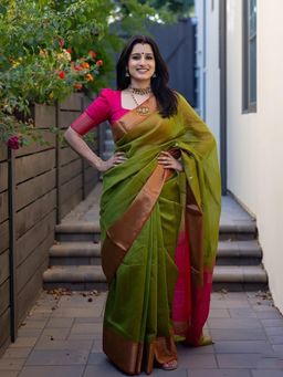 Anjaneya Sarees - Green Banarasi Silk Kanjivaram Woven Saree with Unstitched Blouse