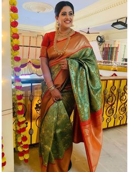 Anjaneya Sarees - Green Banarasi Silk Kanjivaram Woven Saree with Unstitched Blouse