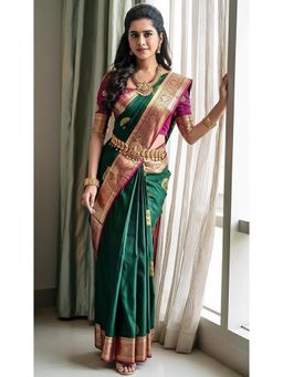Anjaneya Sarees - Green Banarasi Silk Kanjivaram Woven Saree with Unstitched Blouse
