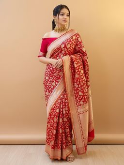 Anjaneya Sarees - Red Banarasi Silk Kanjivaram Woven Saree with Unstitched Blouse