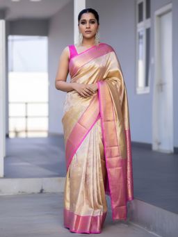 Anjaneya Sarees - Beige Banarasi Silk Kanjivaram Woven Saree with Unstitched Blouse