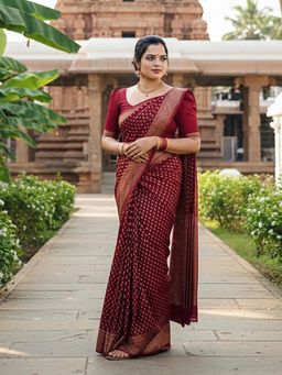 Anjaneya Sarees - Maroon Banarasi Silk Kanjivaram Woven Saree with Unstitched Blouse