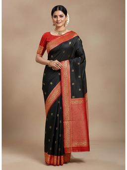 Anjaneya Sarees - Black Banarasi Silk Kanjivaram Woven Saree with Unstitched Blouse