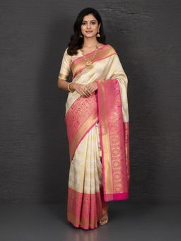 Anjaneya Sarees - Cream Banarasi Silk Kanjivaram Woven Saree with Unstitched Blouse