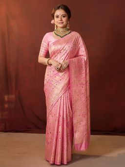Anjaneya Sarees - Pink Banarasi Silk Kanjivaram Woven Saree with Unstitched Blouse