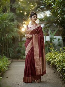 Anjaneya Sarees - Maroon Banarasi Silk Kanjivaram Woven Saree with Unstitched Blouse