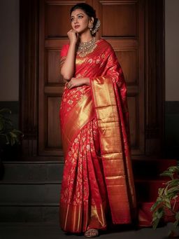 Anjaneya Sarees - Red Banarasi Silk Kanjivaram Woven Saree with Unstitched Blouse