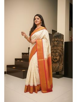 Anjaneya Sarees - Cream Banarasi Silk Kanjivaram Woven Saree with Unstitched Blouse