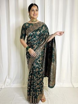 Anjaneya Sarees - Green Banarasi Silk Kanjivaram Woven Saree with Unstitched Blouse