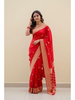 Anjaneya Sarees - Red Banarasi Silk Kanjivaram Woven Saree with Unstitched Blouse