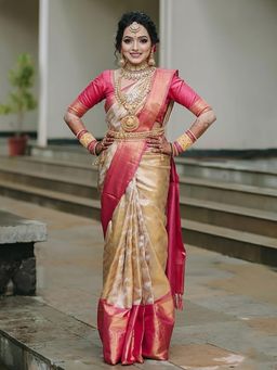 Anjaneya Sarees - Cream Banarasi Silk Kanjivaram Woven Saree with Unstitched Blouse