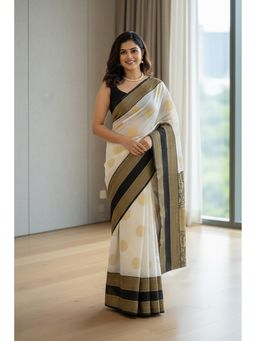 Anjaneya Sarees - Beige Banarasi Silk Kanjivaram Woven Saree with Unstitched Blouse